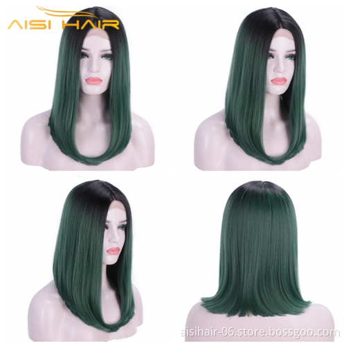 Aisi Hair Wholesale Middle Part Straight Bob Cosplay Mix Colors Black Green Lace Front For Black Woman Wig Hair Extensions